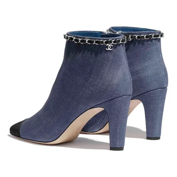 Chanel 20C Blue Denim Fabric Black Chain CC Logo Short Ankle Heel Boot Bootie 38 - Picture 10 of 12
